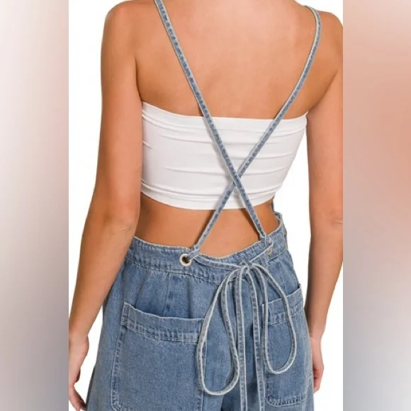 NWT Wide Leg Crop Cropped Medium Washed Denim Adjustable Strap Jean Overalls - Picture 10 of 11